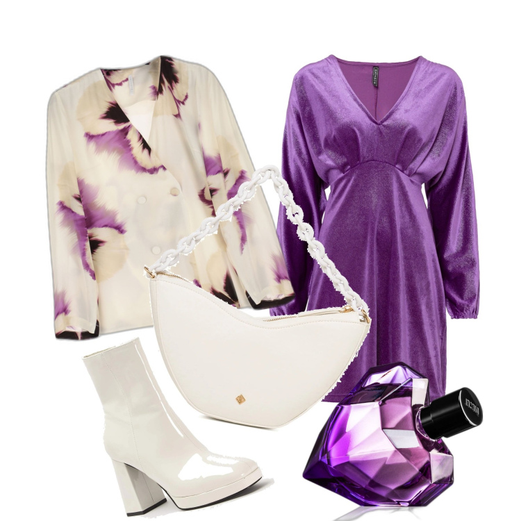 Outfit donna - Autunno in viola. Stile Casual chic per Serata fuori. Abbinamento con vestiti, profumi, stivaletti, giacche, borse a mano.