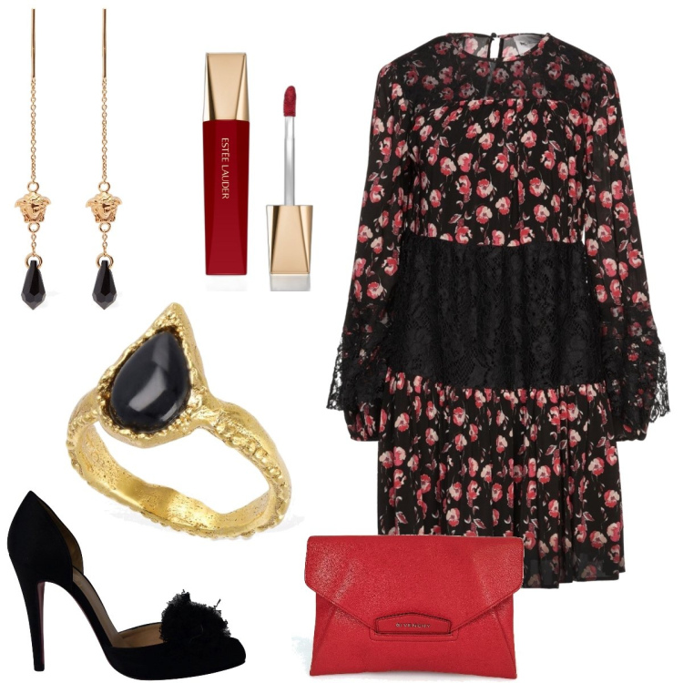 Outfit donna - Fiori e pizzo. Stile Trendy per Serata fuori. Abbinamento con décolleté, vestiti corti, borse a mano, rossetti, orecchini, anelli.