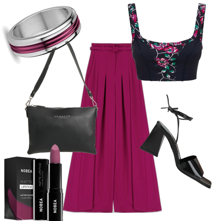 Outfit donna - Un top a fine estate. Stile Glamour per Serata fuori. Abbinamento con sandali in pelle, borse a mano, rossetti, pantaloni a palazzo, top, anelli.