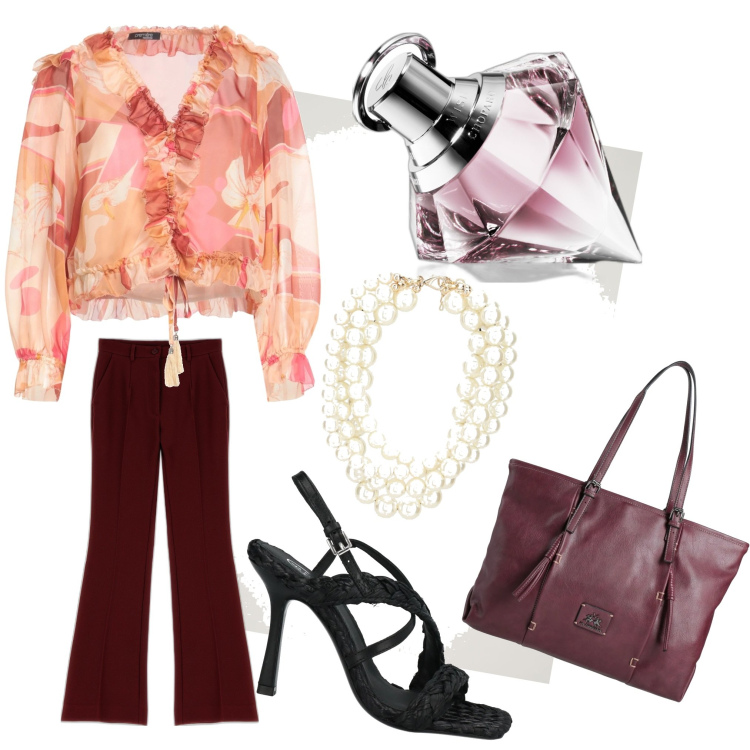 Outfit donna - Total look #1714293. Stile Casual per Ufficio. Abbinamento con camicie, borse a spalla, sandali in pelle, profumi, pantaloni, collane.
