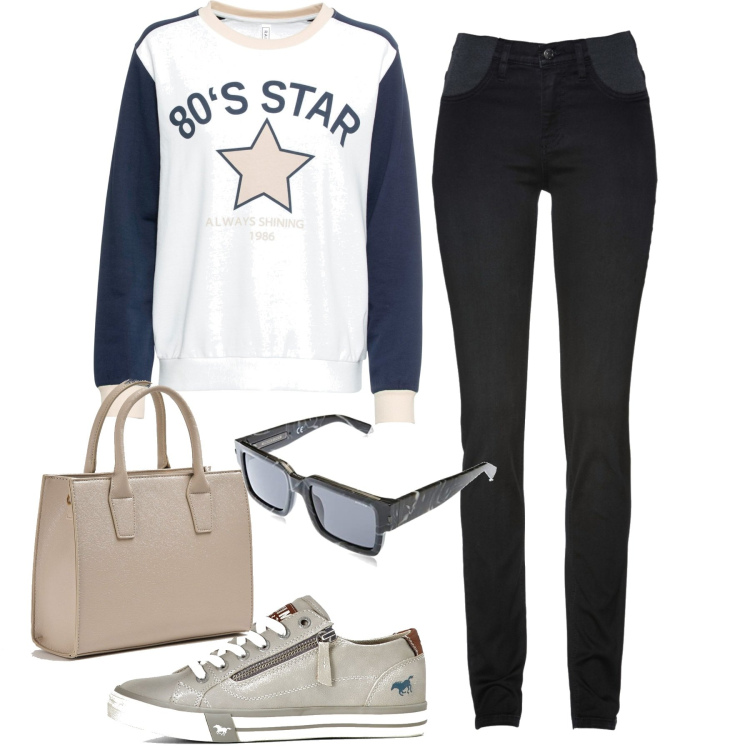 Outfit donna - Comoda in città. Stile Casual per Tutti i giorni. Abbinamento con jeans skinny, felpa, sneakers, shopping bag, occhiali da sole.
