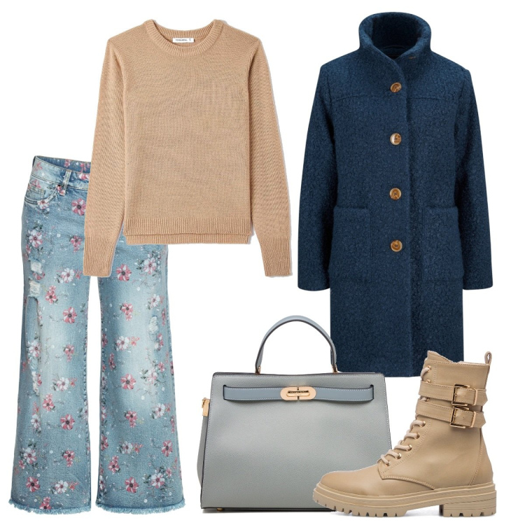 Outfit donna - Cappotto bouclé. Stile Casual per Tutti i giorni. Abbinamento con cappotti, jeans, maglieria, anfibi, borse a mano.