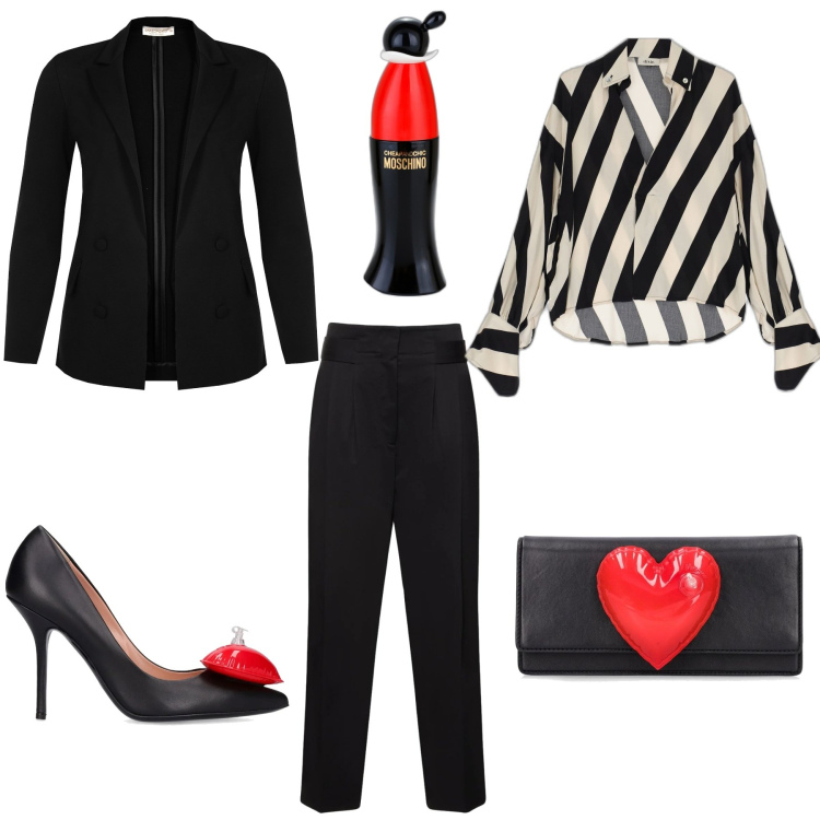 Outfit donna - Regina di cuori. Stile Chic per Serata fuori. Abbinamento con profumi, cappotti, camicie, pochette, décolleté, pantaloni.