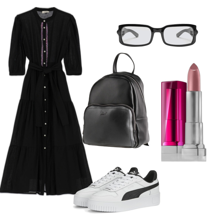 Outfit donna - Settembre in vestito. Stile Casual chic per Scuola/Università. Abbinamento con zaini, rossetti, vestiti lunghi, sneakers, occhiali.