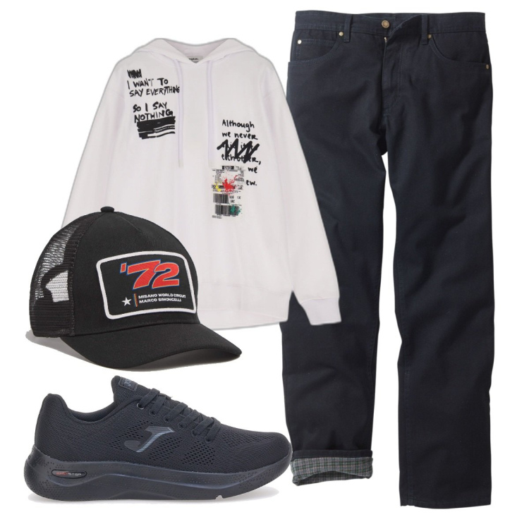 Outfit uomo - \'72. Stile Casual per Tutti i giorni. Abbinamento con jeans dritti, cappelli, felpe con cappuccio, sneakers.