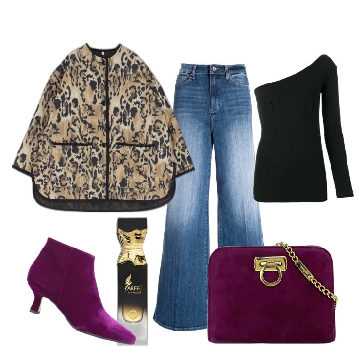 Outfit donna - Stile senza tempo. Stile Trendy per Serata fuori. Abbinamento con stivaletti, borse a spalla, top, profumi, jeans, piumini.