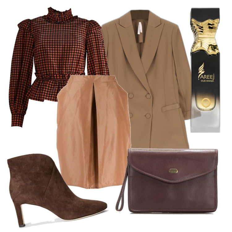 Outfit donna - Total look #1714455. Stile Trendy per Serata fuori. Abbinamento con bluse, borse a spalla, minigonne, profumi, cappotti, stivaletti.