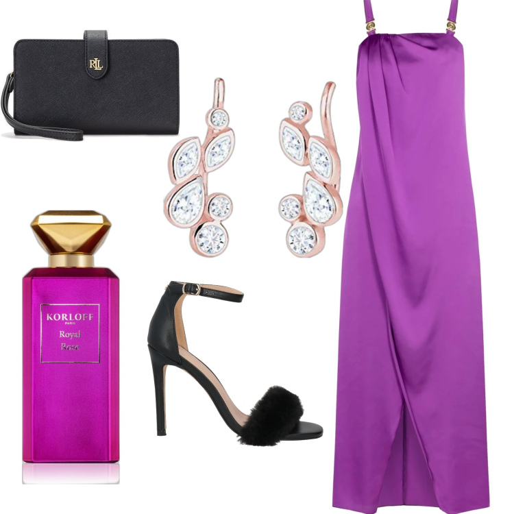 Outfit donna - Abito color iris. Stile Glamour per Serata fuori. Abbinamento con sandali col tacco, profumi, vestiti lunghi, pochette, orecchini.