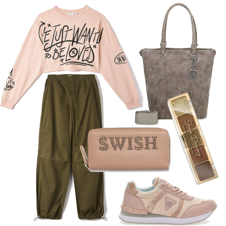 Outfit donna - Urban. Stile Urban per Tutti i giorni. Abbinamento con ombretti, t-shirt, pantaloni cargo, portafogli, sneakers, borse sportive.
