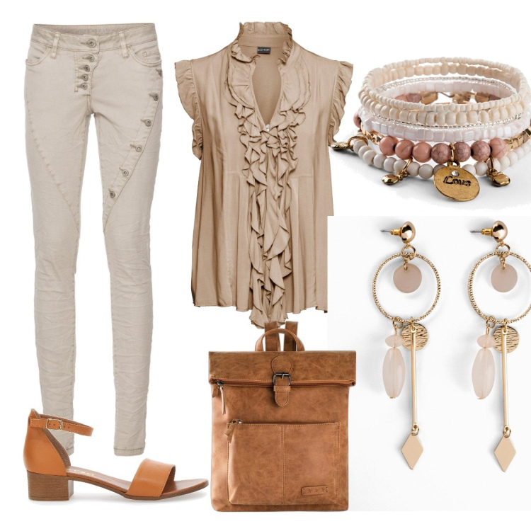 Outfit donna - Total look #1714487. Abbinamento con zaini, braccialetti, orecchini, pantaloni, maglieria, sandali in pelle.