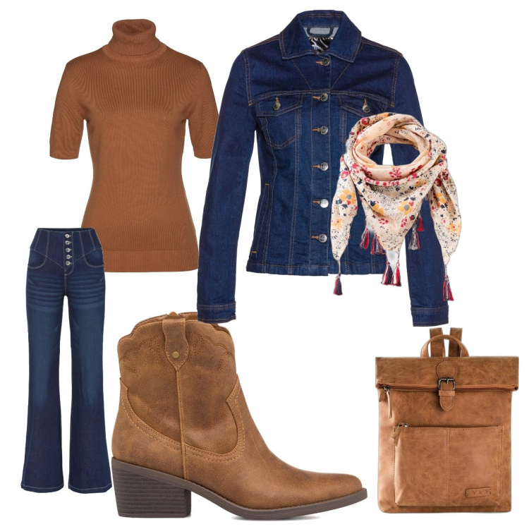 Outfit donna - Tempo libero in città. per Tutti i giorni. Abbinamento con maglieria, zaini, jeans a zampa, blazer, foulard, stivaletti texani.