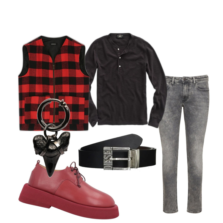 Outfit uomo - Al pub. Stile Urban per Serata speciale. Abbinamento con scarpe stringate, gilet, t-shirt, orecchini, cinture, jeans skinny.