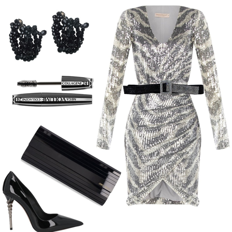 Outfit donna - Lamé. Stile Trendy per Serata fuori. Abbinamento con orecchini, décolleté, mascara, vestiti a tubino, pochette, cinture.