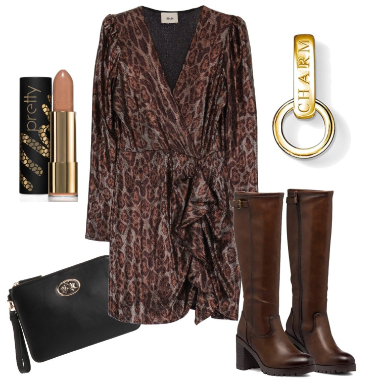 Outfit donna - L’abito pitonato. Stile Sexy per Serata fuori. Abbinamento con borse a mano, rossetti, vestiti corti, stivali sopra il ginocchio, ciondoli.