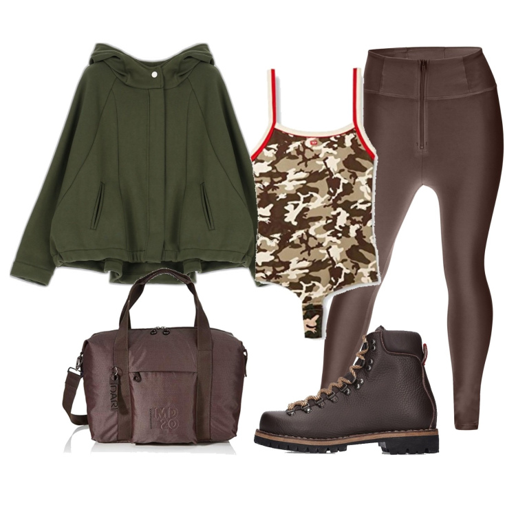 Outfit donna - Total look #1714538. Stile Chic per Tutti i giorni. Abbinamento con pantaloni skinny, felpe con cappuccio, borse sportive, body, stivali.