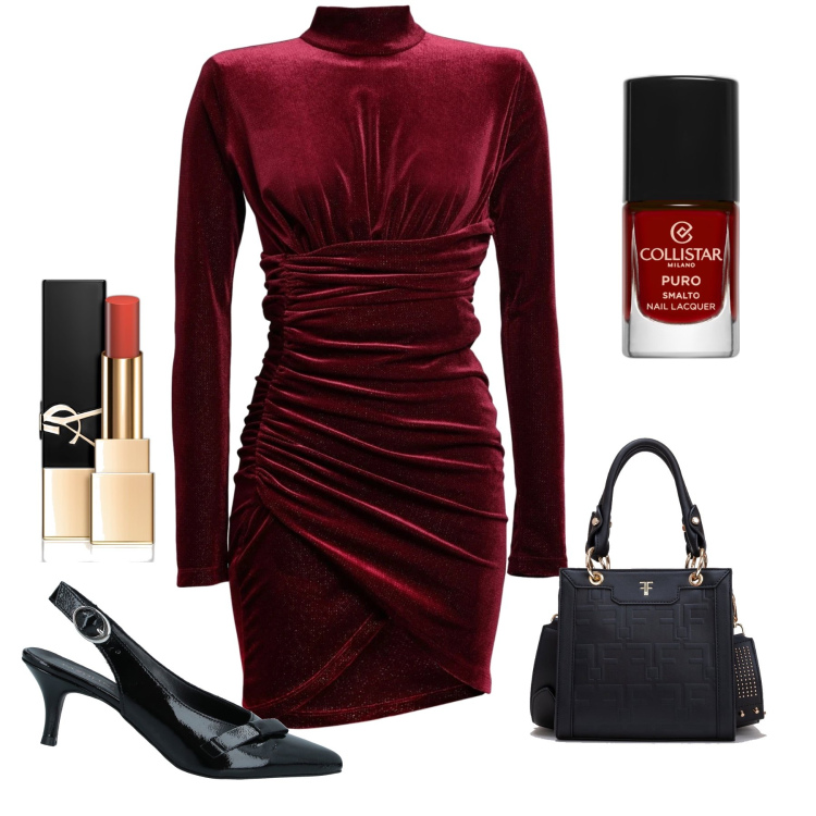 Outfit donna - Cabernet. Stile Chic per Serata fuori. Abbinamento con vestiti corti, décolleté, rossetti, smalti, borse tote.