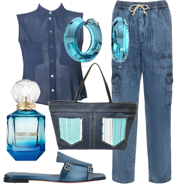Outfit donna - Blue denim. Stile Casual chic per Tutti i giorni. Abbinamento con camicie, sandali, borse a spalla, profumi, orecchini, pantaloni.