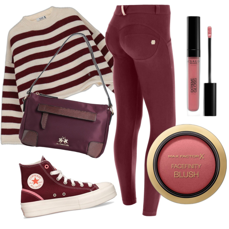 Outfit donna - Bordeaux, che passione. Stile Casual per Tutti i giorni. Abbinamento con borse a mano, blush, gloss, pullovers, pantaloni skinny, sneakers.