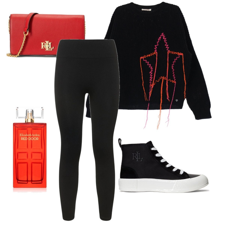 Outfit donna - Leggins e maglia. Stile Casual per Tutti i giorni. Abbinamento con profumi, maglieria, sneakers, borse a mano, leggings.