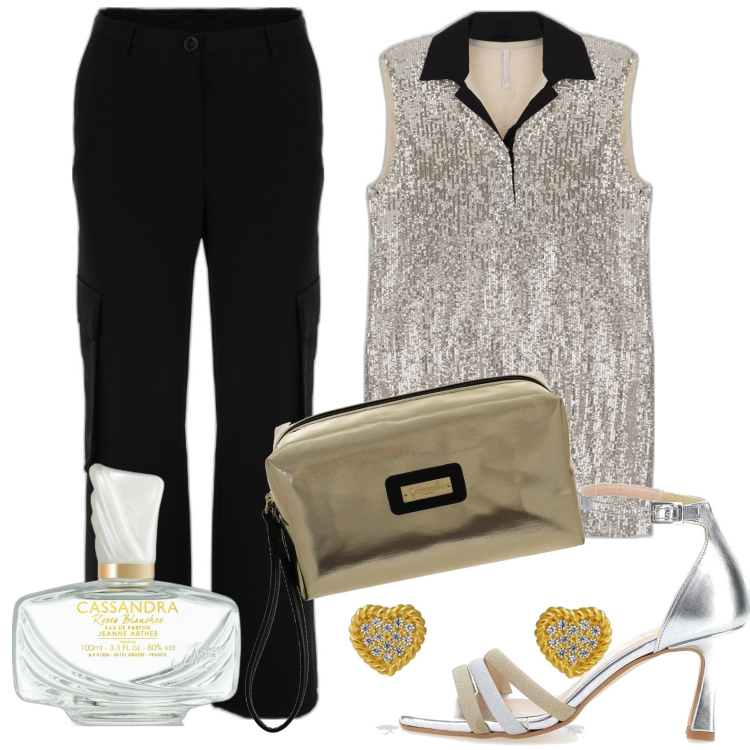 Outfit donna - Oro e argento mixati. Stile Chic per Cerimonia. Abbinamento con profumi, vestiti corti, pantaloni a palazzo, pochette, orecchini, sandali col tacco.