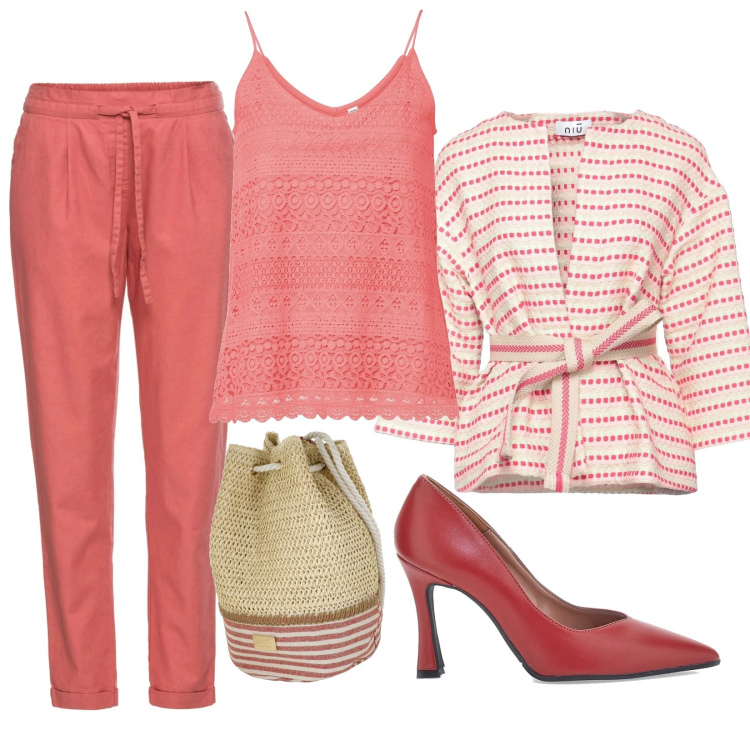 Outfit donna - Total look #1714572. Stile Casual chic per Serata fuori. look ideale per Petite. Abbinamento con pantaloni, top, blazer, borse a secchiello, décolleté.