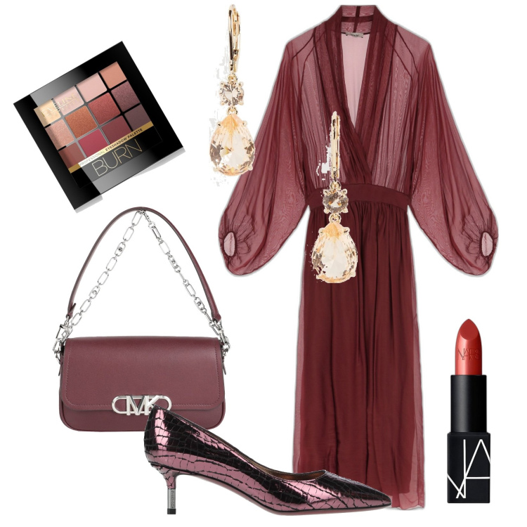 Outfit donna - Sherazade Donnafugata. Stile Chic per Serata fuori. Abbinamento con borse a mano, décolleté, ombretti, rossetti, orecchini, vestiti lunghi.