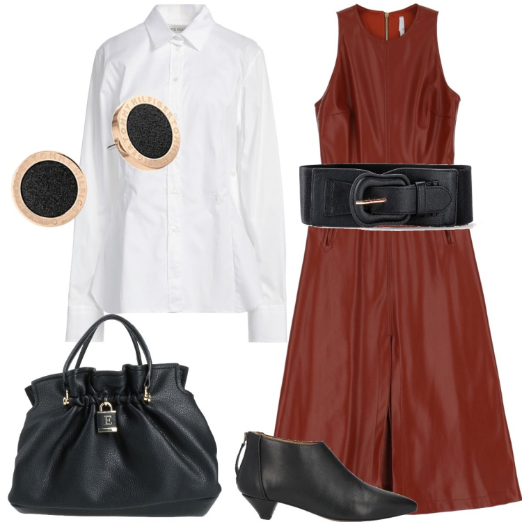 Outfit donna - Pelle. Stile Trendy per Tutti i giorni. Abbinamento con cinture, stivaletti, camicie, borse a secchiello, vestiti midi/longuette, orecchini.