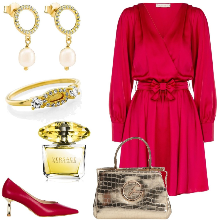 Outfit donna - Autunno in rosso. Stile Trendy per Serata fuori. Abbinamento con borse a mano, profumi, vestiti corti, décolleté, anelli, orecchini.