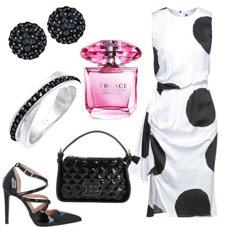 Outfit donna - Bianco e nero di tendenza. Stile Trendy per Serata fuori. Abbinamento con décolleté, borse a mano, vestiti midi/longuette, profumi, orecchini, anelli.