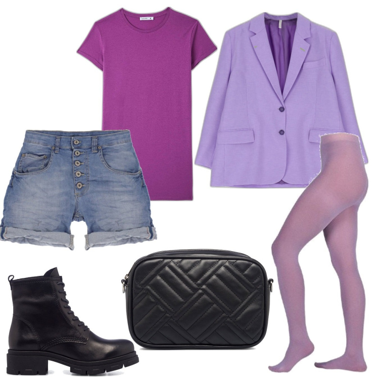 Outfit donna - Shorts in denim. Stile Casual per Tutti i giorni. Abbinamento con t-shirt, shorts, giacche, collant, anfibi, borse a tracolla.