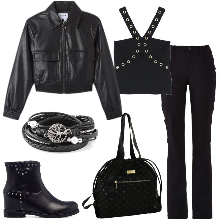 Outfit donna - Total black di tendenza. Stile Trendy per Tutti i giorni. Abbinamento con pantaloni, braccialetti, bomber, canottiere, stivaletti, zaini.