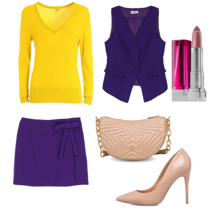Outfit donna - Viola e giallo (veg ok). Stile Trendy per Tutti i giorni. Abbinamento con rossetti, maglieria, gilet, minigonne, décolleté, borse a tracolla.
