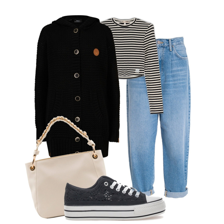 Outfit donna - Cozy mood. Stile Basic per Tutti i giorni. Abbinamento con cardigans, maglieria, jeans, borse a spalla, sneakers.
