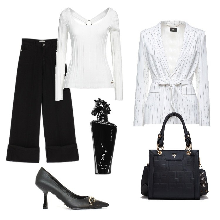 Outfit donna - Unconventional. Stile Trendy per Ufficio. Abbinamento con profumi, blazer, pullovers, décolleté, borse tote, pantaloni a palazzo.