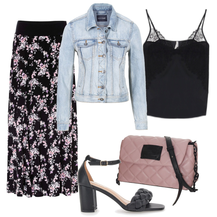 Outfit donna - Bellezza romantica. Stile Romantica per Serata fuori. Abbinamento con gonne lunghe, giacche sportive, canottiere, borse a tracolla, sandali col tacco.
