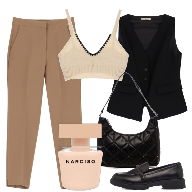 Outfit donna - Gilet e mocassini. Stile Trendy per Ufficio. Abbinamento con profumi, pantaloni capri, gilet, top, mocassini, borse a spalla.