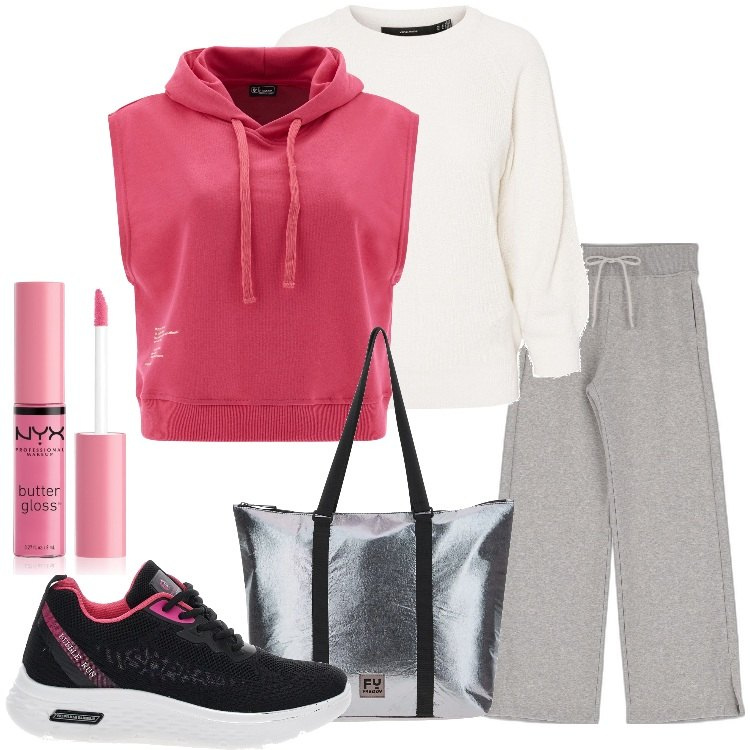 Outfit donna - Casual a settembre. Stile Casual per Tutti i giorni. Abbinamento con gloss, pantaloni a palazzo, felpe con cappuccio, borse tote, pullovers, sneakers alte.