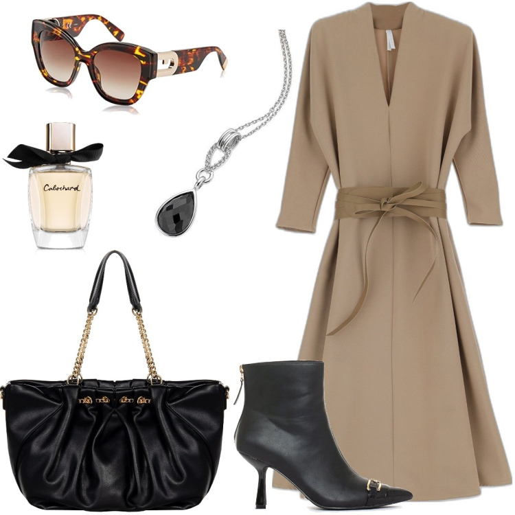 Outfit donna - Beige e nero. Stile Chic per Tutti i giorni. Abbinamento con profumi, borse a spalla, stivaletti, vestiti midi/longuette, occhiali da sole, collane.
