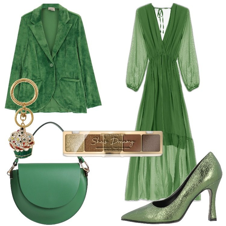 Outfit donna - Verde a settembre. Stile Trendy per Serata fuori. Abbinamento con décolleté, borse a mano, ombretti, giacche, vestiti lunghi, portachiavi.