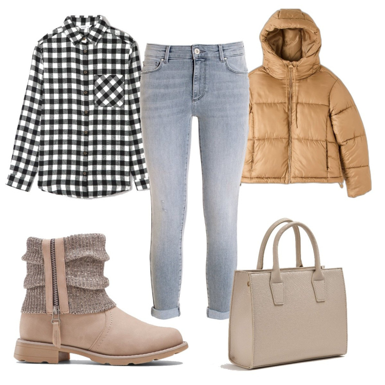 Outfit donna - Total look #1714773. Stile Basic per Tutti i giorni. Abbinamento con stivaletti, shopping bag, piumini, camicie, jeans.