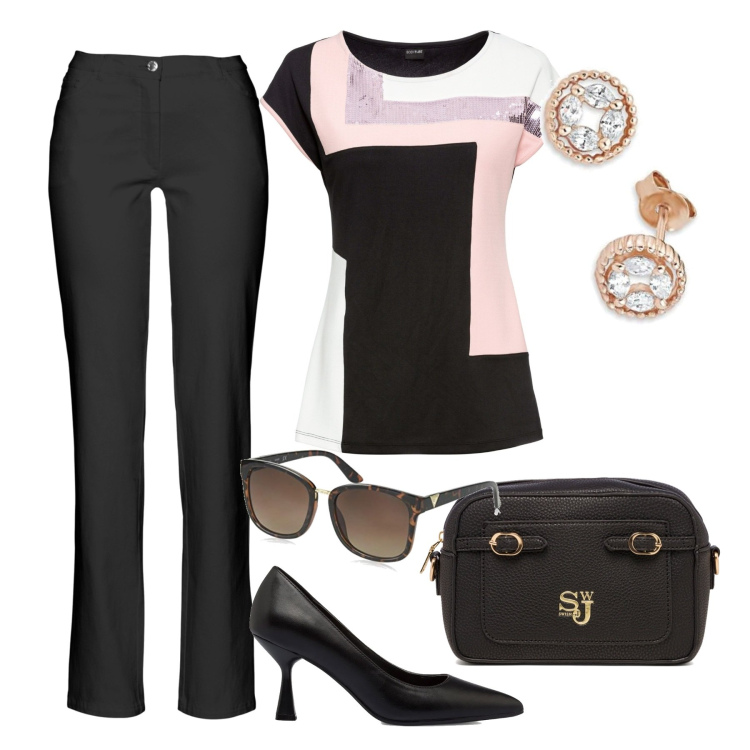 Outfit donna - Sempre chic. Stile Chic per Ufficio. Abbinamento con pantaloni, maglieria, borse a tracolla, décolleté, occhiali da sole, orecchini.