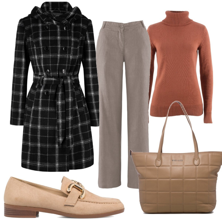 Outfit donna - Total look #1714785. Stile Trendy per Tutti i giorni. Abbinamento con pantaloni, cappotti, maglieria, mocassini, borse a spalla.