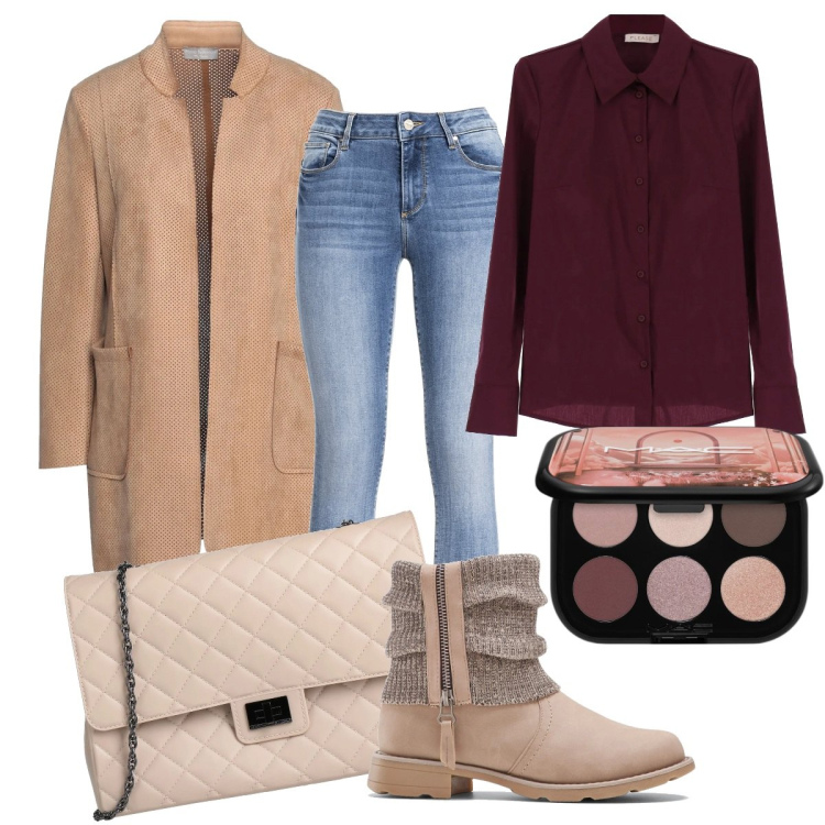 Outfit donna - Outfit autunnale. Stile Casual per Tutti i giorni. Abbinamento con stivaletti, cappotti, borse a tracolla, ombretti, jeans, camicie.