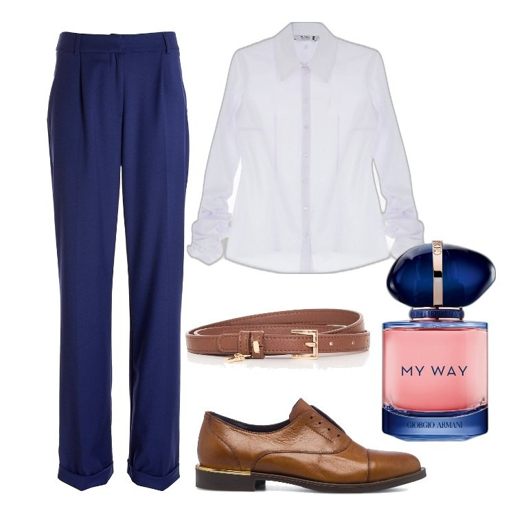Outfit donna - Mood viola scuro. Stile Urban per Tutti i giorni. Abbinamento con profumi, camicie, pantaloni a palazzo, cinture, scarpe stringate.