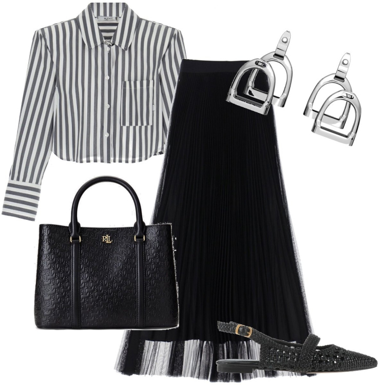 Outfit donna - La camicia a righe. Stile Bon Ton per Serata fuori. Abbinamento con ballerine, camicie, gonne lunghe, orecchini, borse a mano.