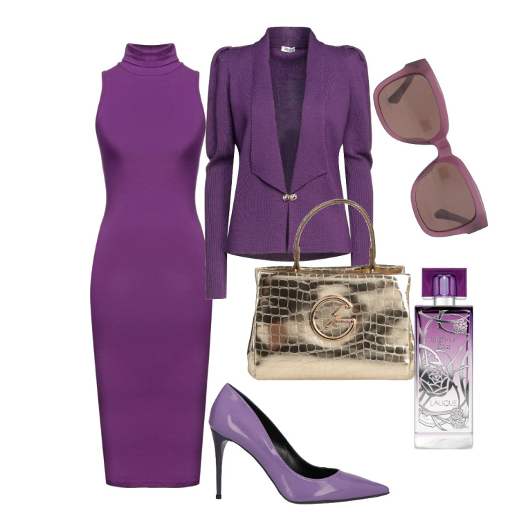 Outfit donna - Madame Dark violet. Stile Bon Ton per Serata fuori. Abbinamento con cardigans, vestiti midi/longuette, occhiali da sole, décolleté, borse a mano, profumi.