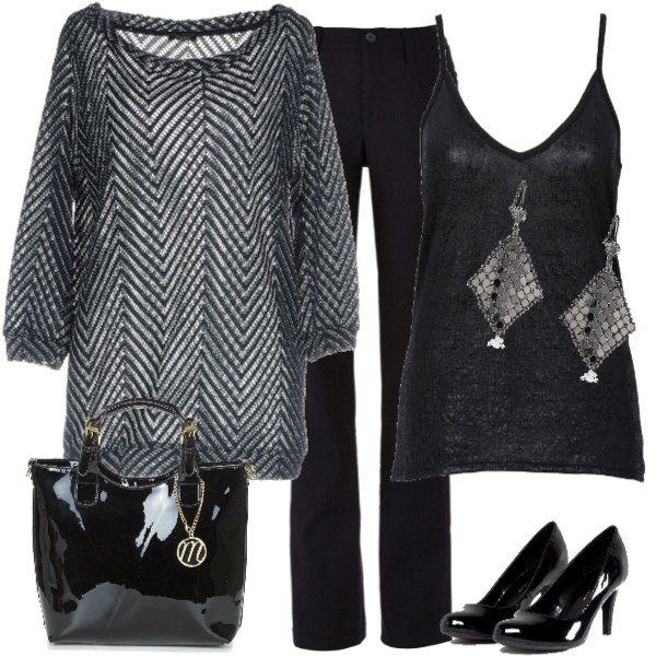 Outfit donna - Quasi un total Black look. Stile Trendy per Ufficio. Abbinamento con pantaloni, top, pullover lavorato a maglia collo tondo a maniche 3/4 93% cotone, borsetta nero, décolleté effetto vernice con punta tonda, orecchini pendenti in placcato argento.