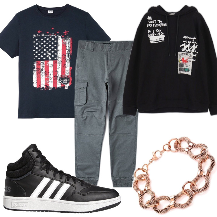 Outfit uomo - Total look #1714935. Stile Urban per Tutti i giorni. Abbinamento con t-shirt, pantaloni cargo, felpe con cappuccio, sneakers alte, braccialetti.