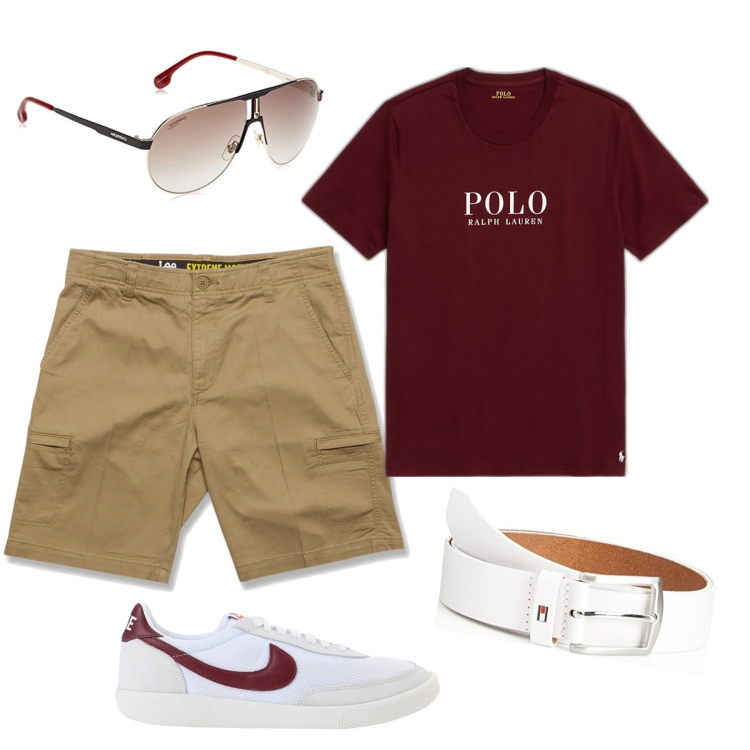 Outfit uomo - Due passi sul molo. Stile Casual per Mare. Abbinamento con sneakers, t-shirt, shorts, occhiali da sole, cinture.
