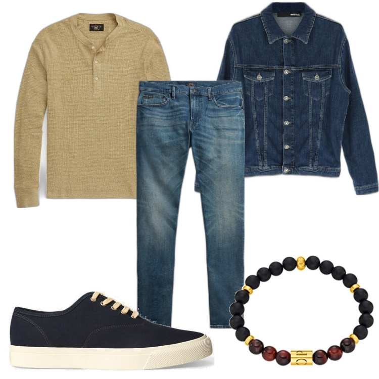 Outfit uomo - Total look #1714939. Stile Casual per Tutti i giorni. Abbinamento con giacche, sneakers, t-shirt, jeans, braccialetti.